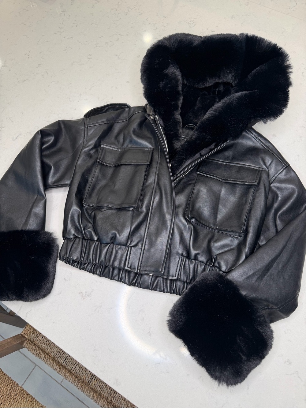 Black Faux Leather Cropped Bomber Jacket with Faux Fur Trim